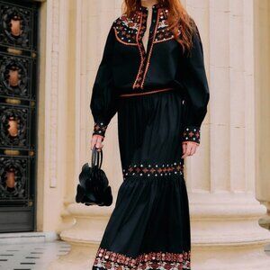 FARM Rio Black Embroidered Tiered Maxi Skirt and Long Sleeve Buttoned Blouse